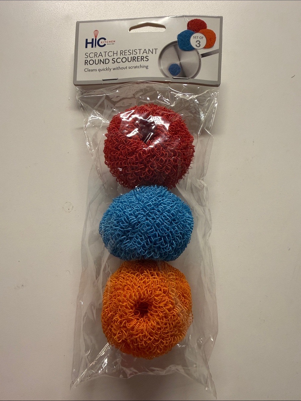 HIC Scratch-Resistant Round Scourers - Red, Blue & Orange Set